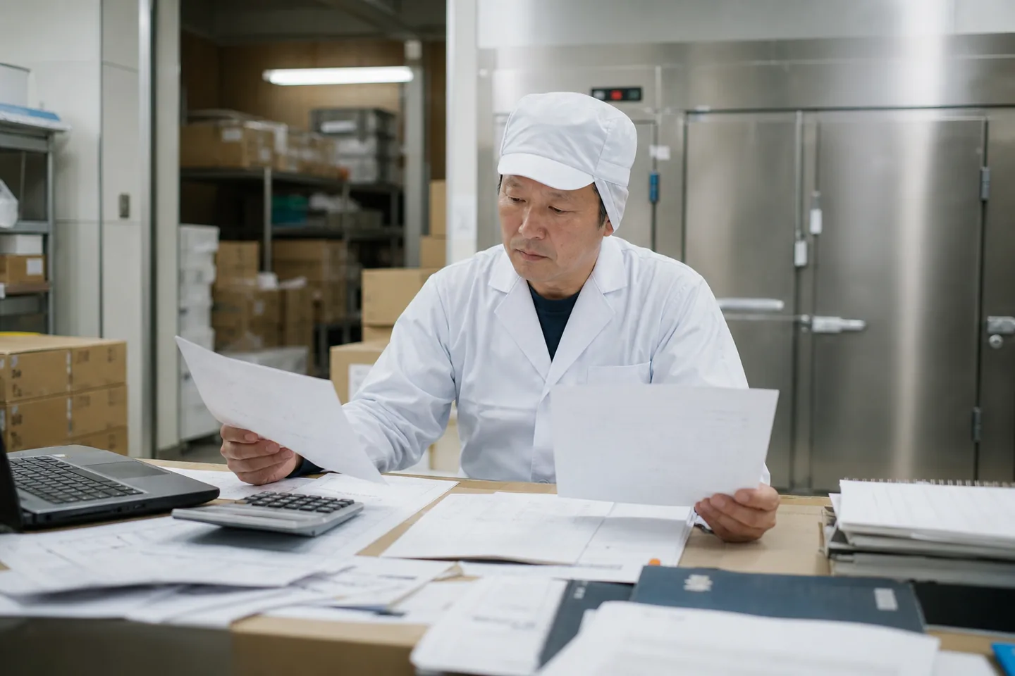 松阪市の食品加工事業者が原材料費・冷蔵費・包装費を確認する様子