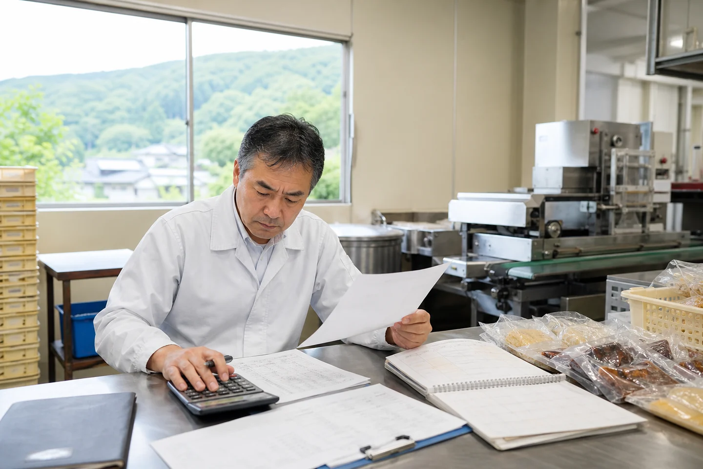 名張市の食品加工事業者が材料費と人件費の書類を確認する様子