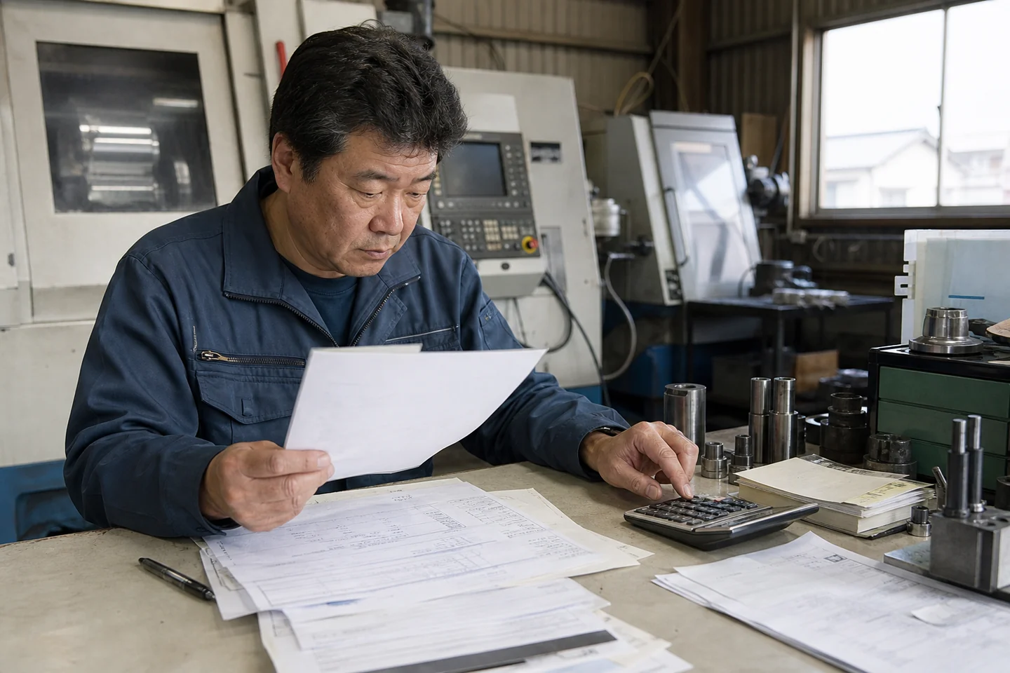 東員町の製造事業者が材料や外注と機械修理の請求書を一人で確認する様子