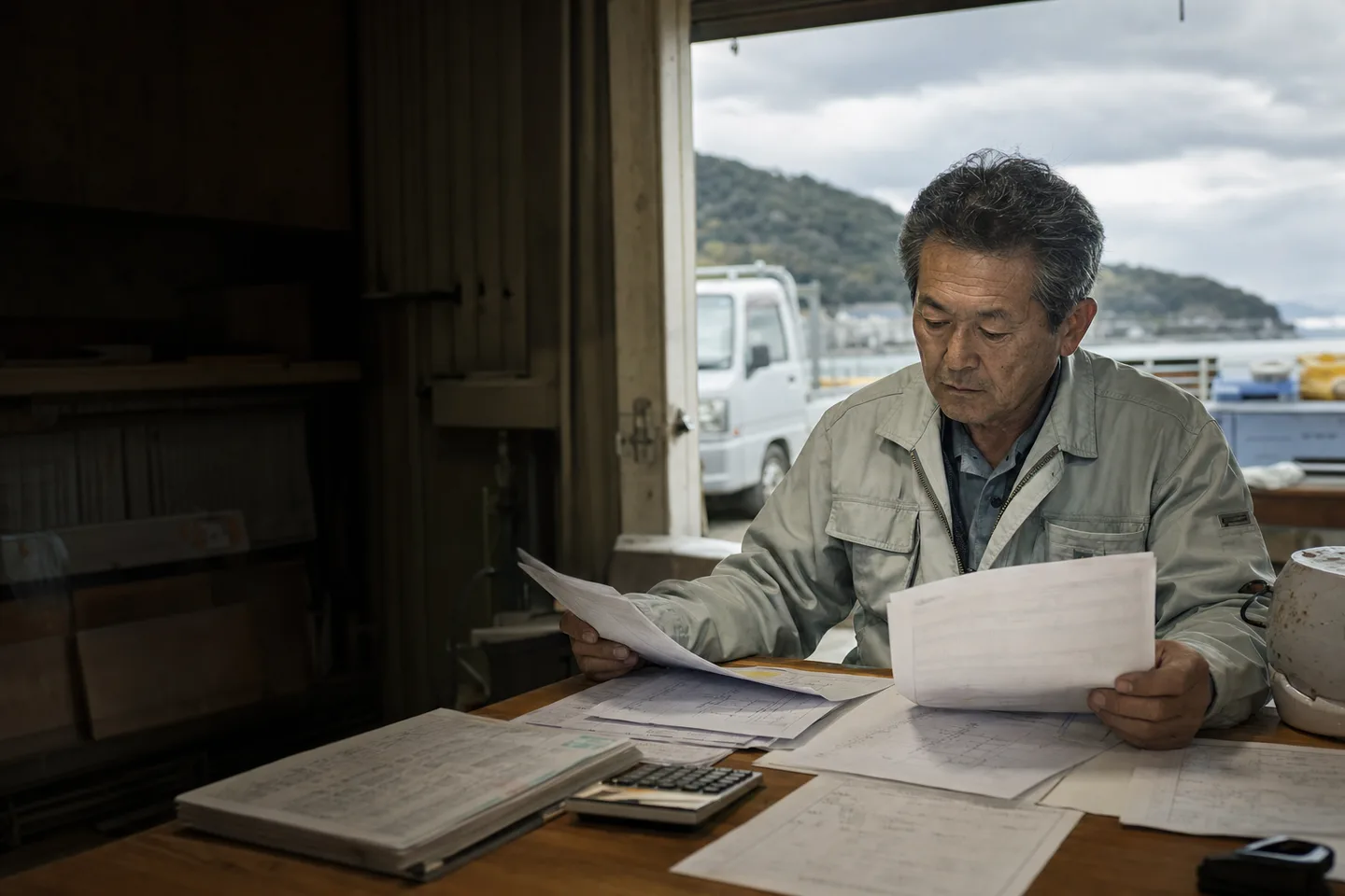 津市の建設事業者が図面と材料費・外注費の支払予定を確認する様子