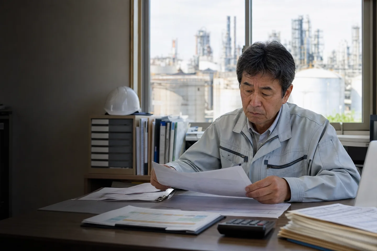 四日市市のプラント保全事業者が材料費・外注費・人件費を確認する様子