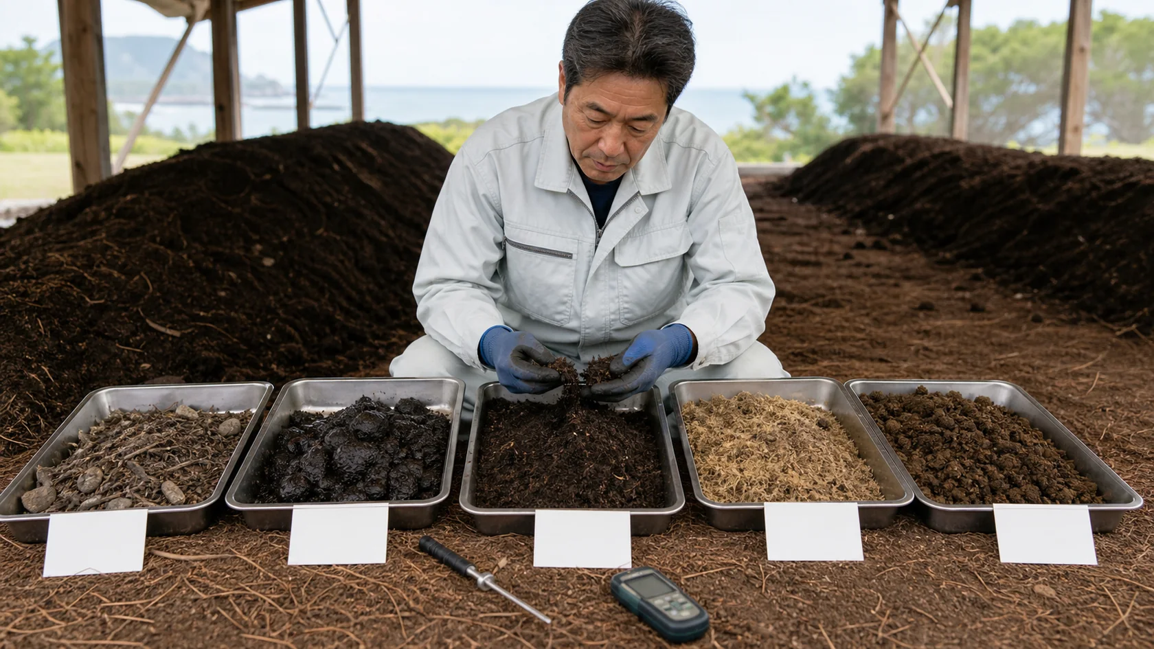 美浜町の松葉堆肥作業場で異物混入・温度不足・水分過多・未熟成ロットを隔離し、発酵記録を照合する担当者