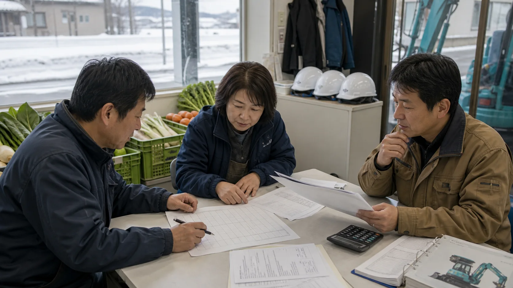 三笠市の農業・建設事業者が資金予定を協議するイメージ