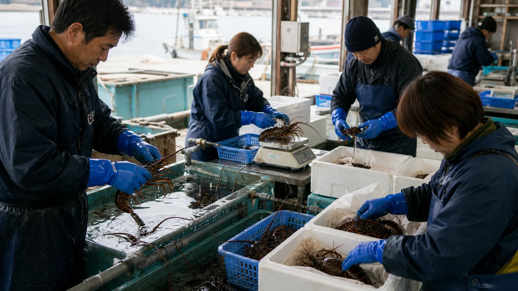 美波町由岐の活魚出荷場で伊勢エビの活力・脚触角・海水温・重量等級・配送便を照合する担当者