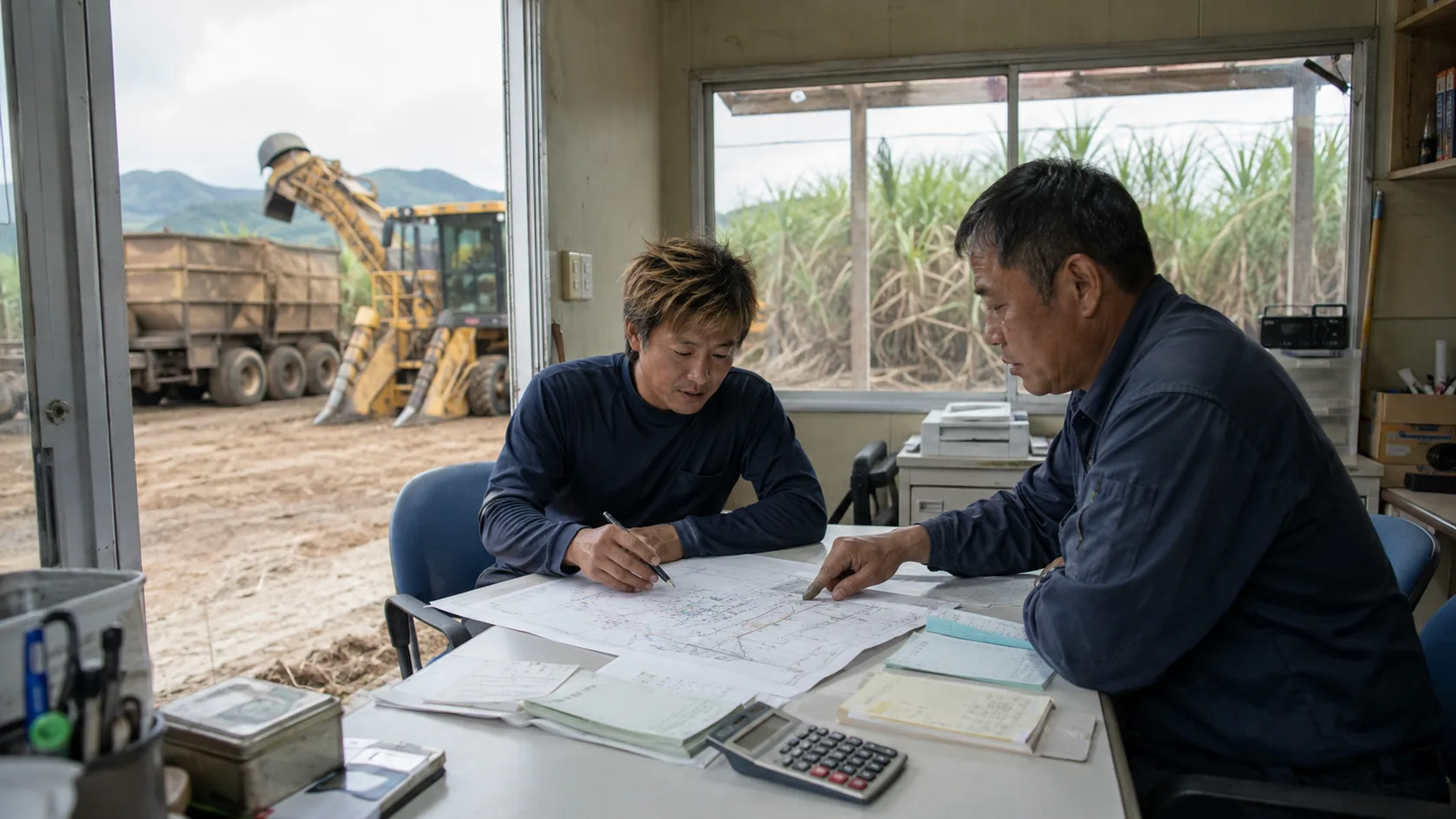 圃場区画・搬入票と重量精算を照合する架空収穫受託者（AI生成の説明用イメージ）