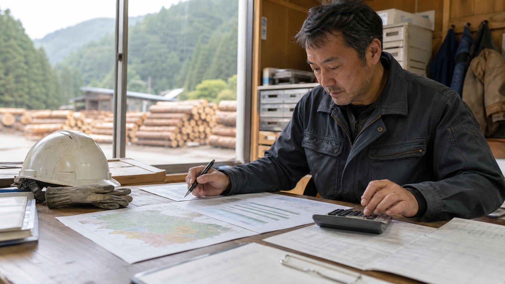 作業区域図と検量票を確認する架空の林業事業者（AI生成の説明用イメージ）