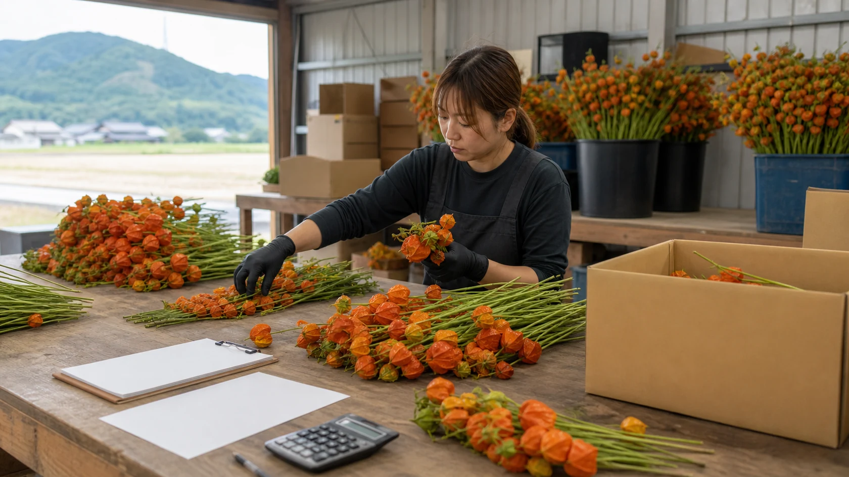長さと着色規格、売立明細を確認する架空の花き農家（AI生成の説明用イメージ）