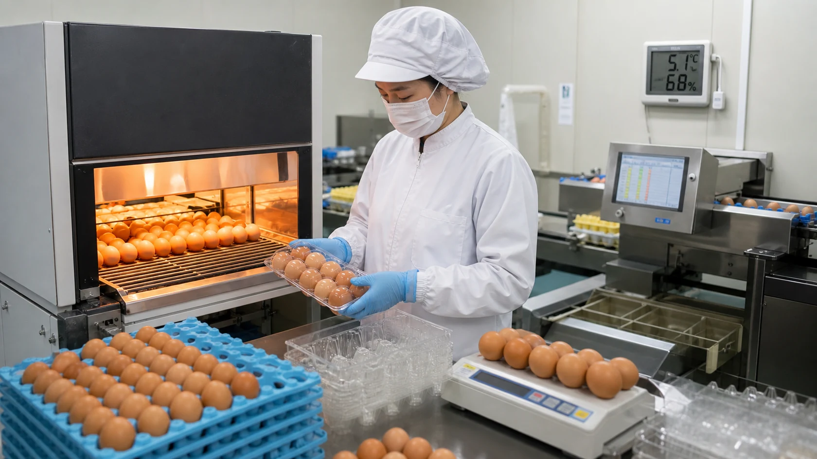 美咲町の選卵包装場で鶏舎・産卵日・洗卵乾燥・透光検査・重量級・包装ロットを照合する担当者