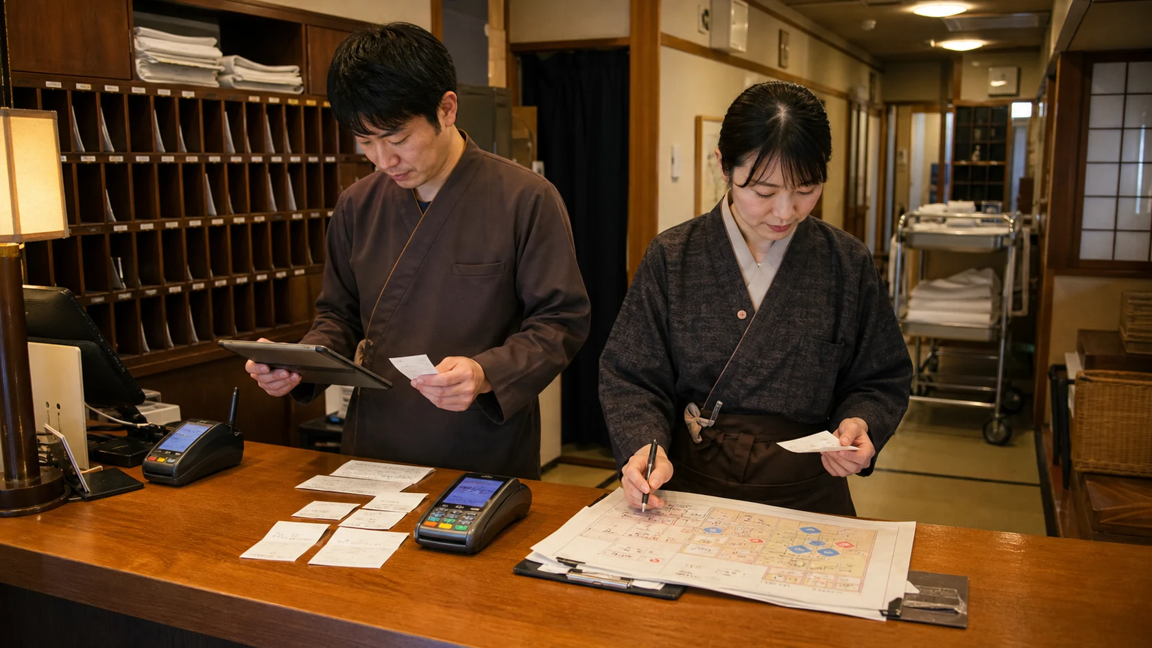 三朝町の温泉旅館で予約・客室・食事・入湯税区分・追加利用と決済明細を照合する担当者