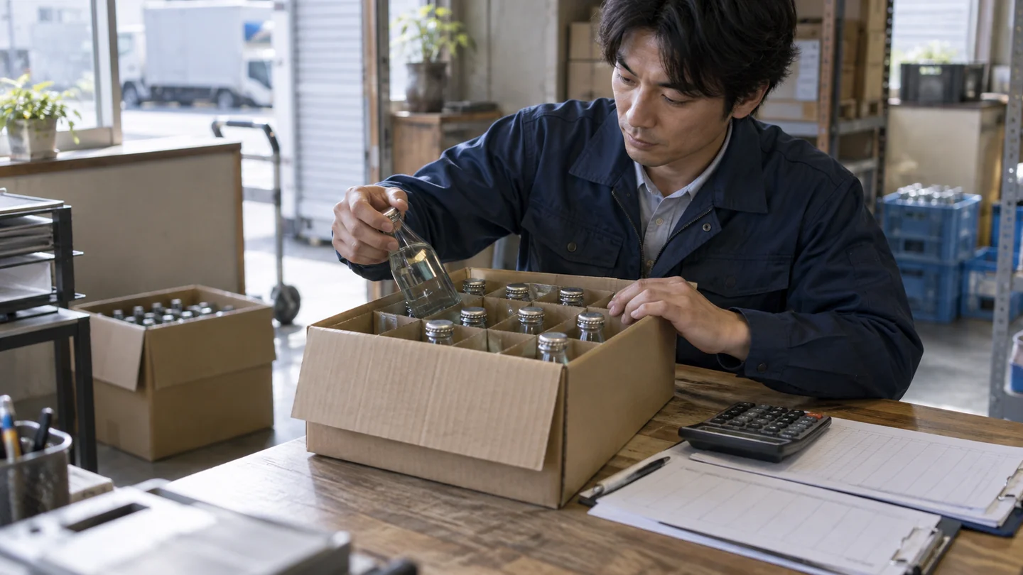 架空の卸売担当者が瓶飲料の本数と納品記録を確認する場面（AI生成イメージ）