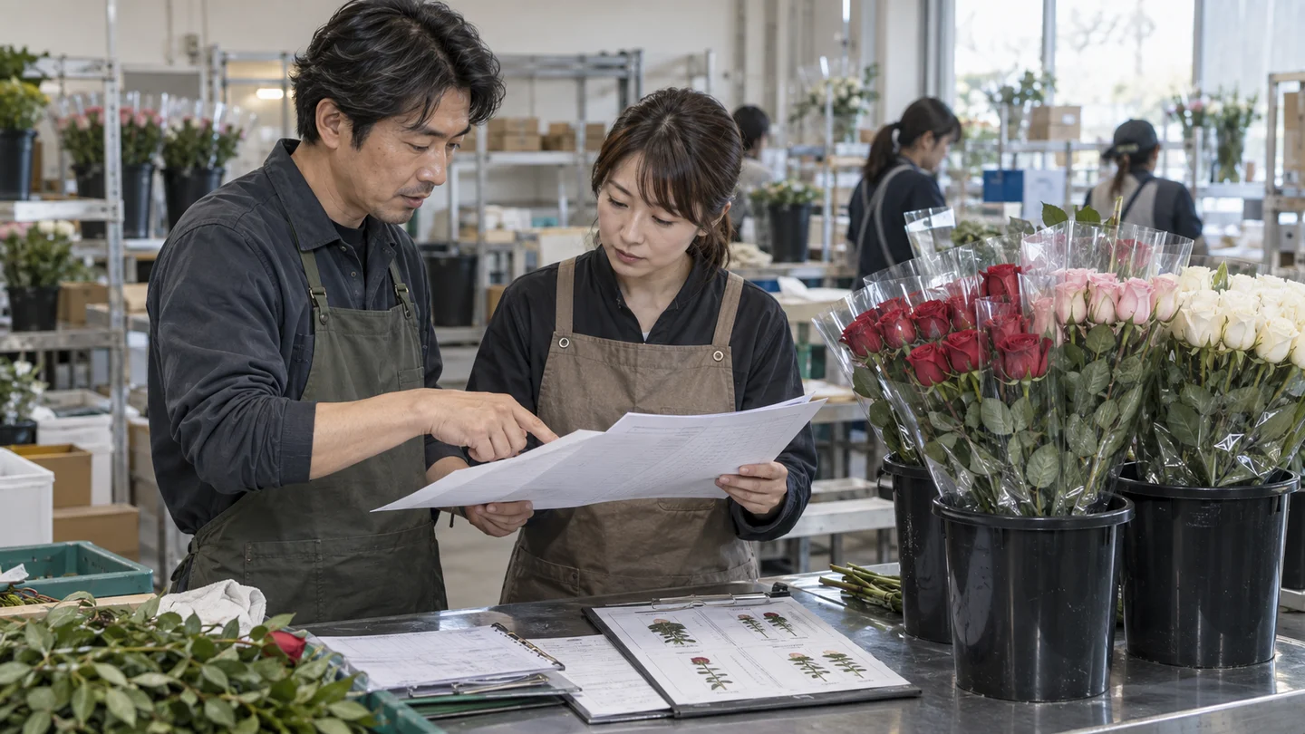 バラの出荷明細と市場精算を確認する場面（AI生成イメージ）