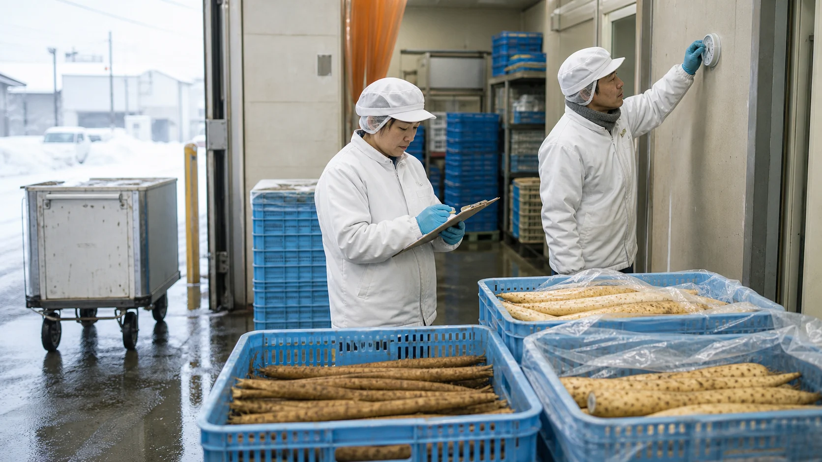 三沢市の冷蔵倉庫でごぼう・長芋の入荷量と庫内温度を確認する食品事業者