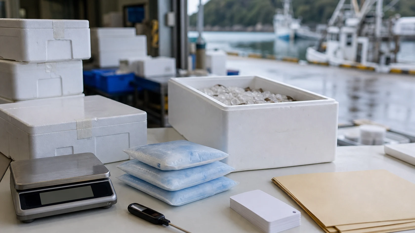 箱番号と到着検収後の精算を確認する架空出荷者（AI生成の説明用イメージ）
