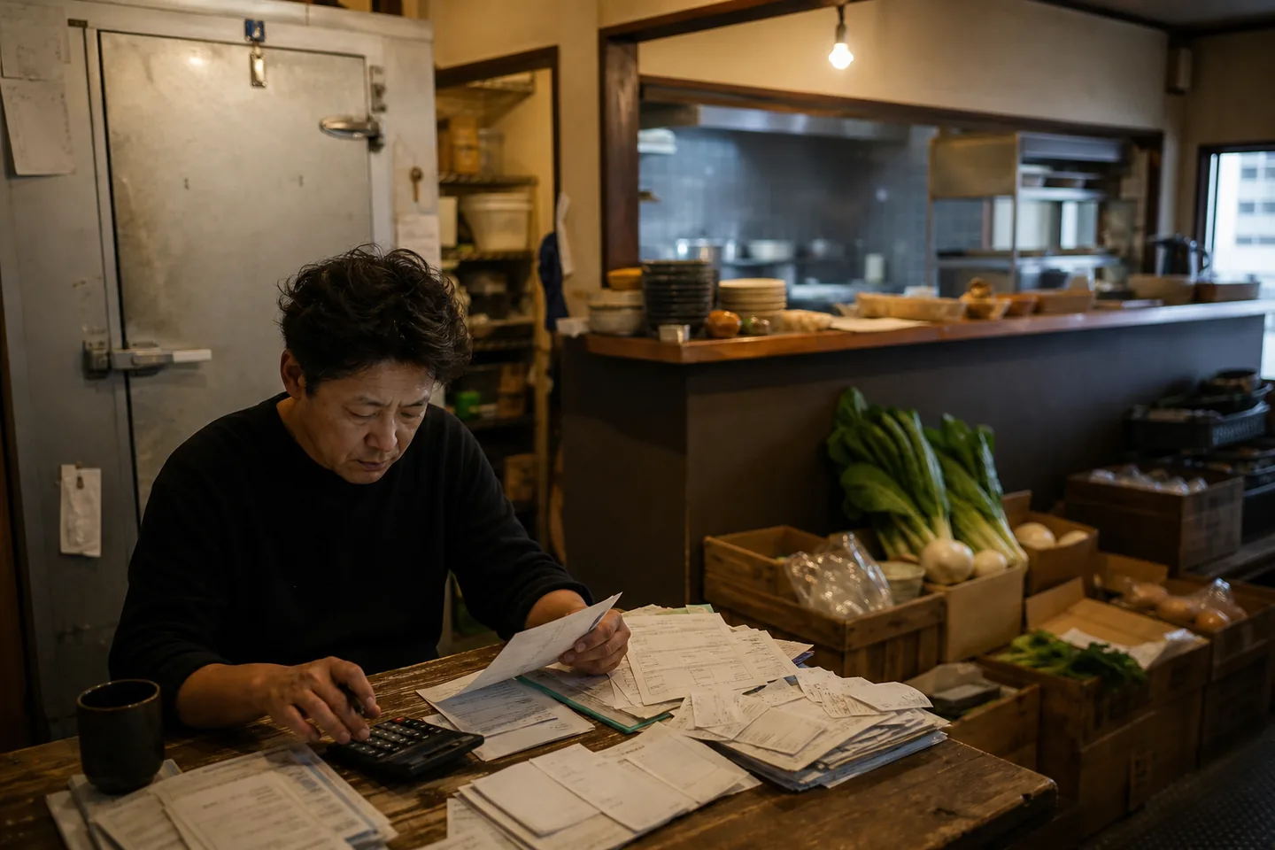 三島市の飲食事業者が食材費と冷蔵設備費の請求書を確認する様子