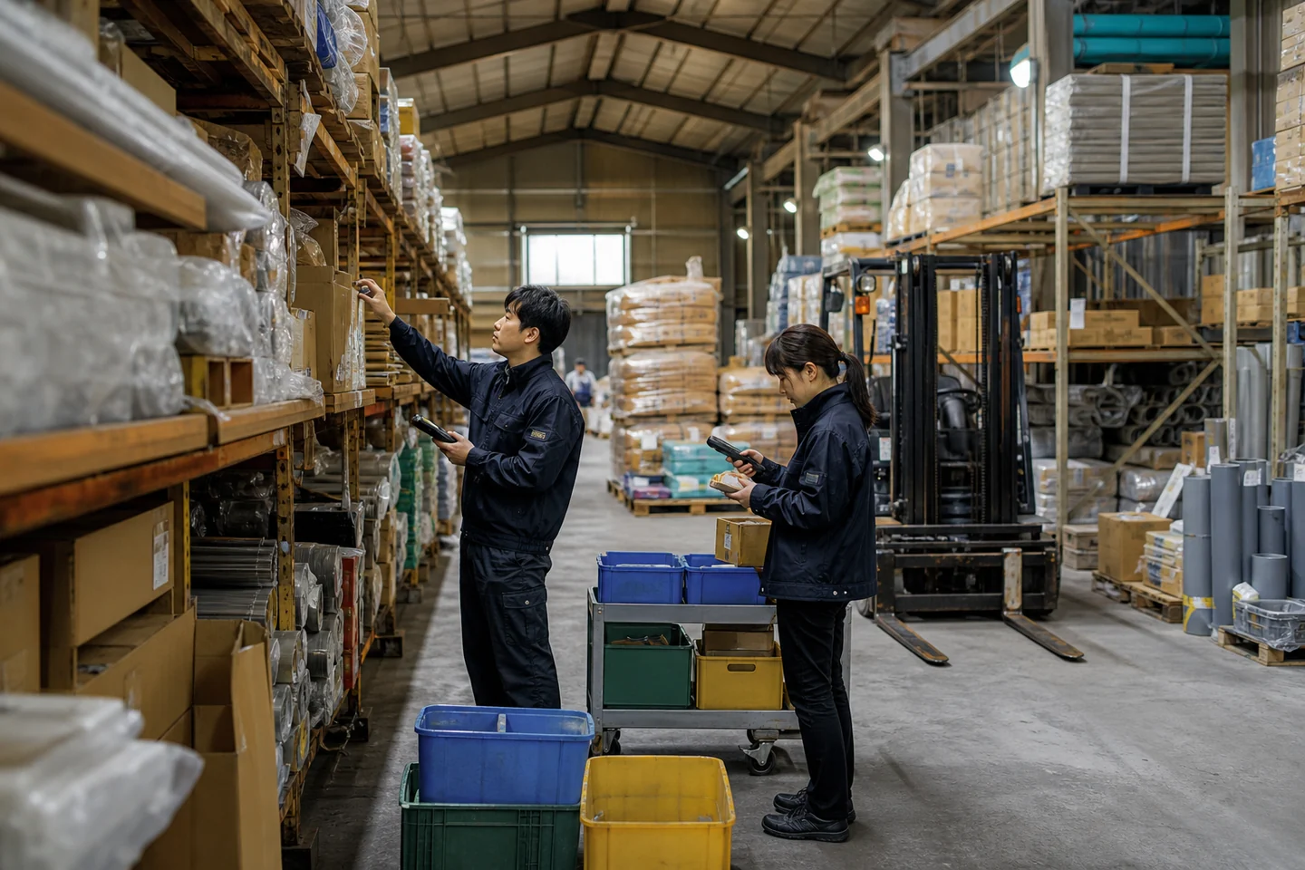 水戸市の卸売倉庫で担当者2人が商品棚と在庫数量を確認する様子
