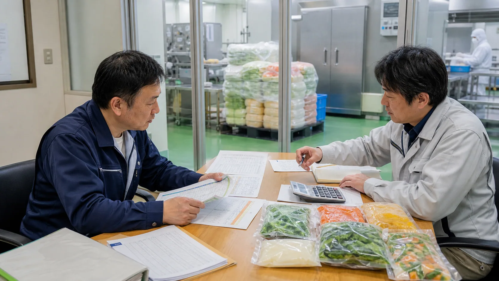 三豊市の製造責任者が冷凍在庫表と生産計画から資金不足週を確認する場面