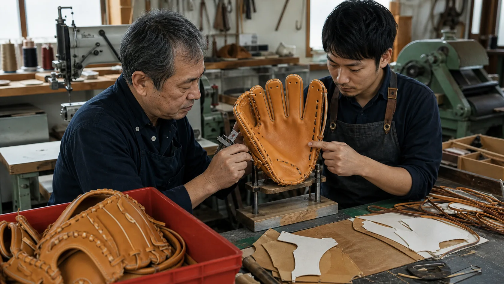 三宅町のグローブ工房で指袋と捕球面がねじれた野球グローブを治具で確認し、革厚と縫製位置を見直す職人