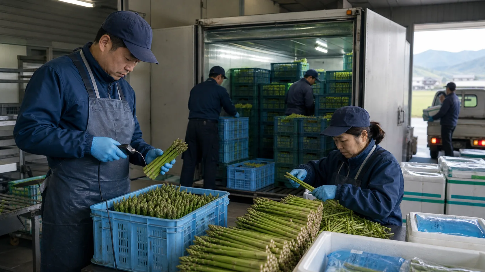 みやき町のアスパラガスの収穫受入れ・予冷・選別・EC冷蔵出荷で在庫・設備容量・出荷予定を確認する担当者