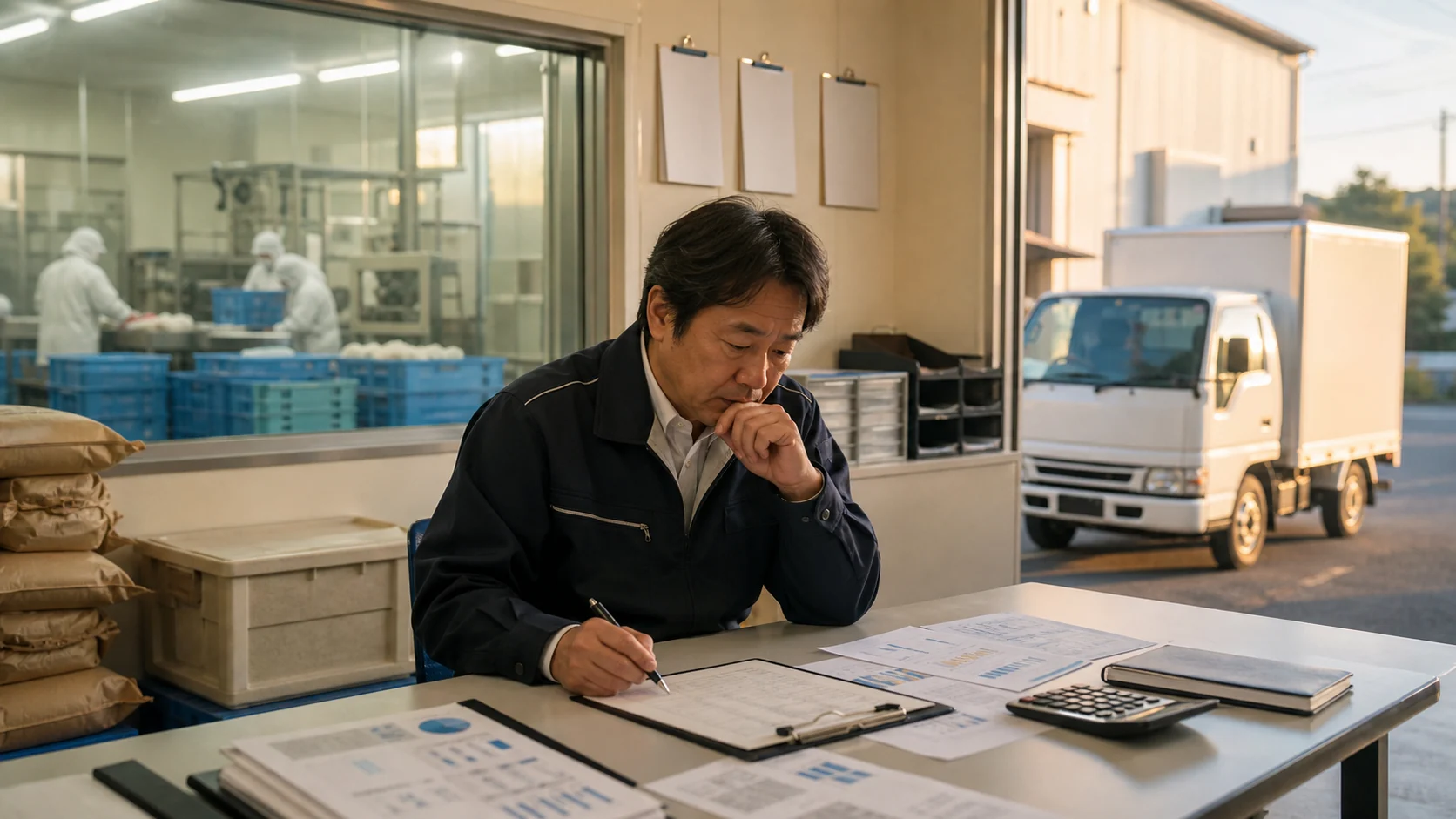 都城市の事業者が飼料・原料価格、燃料・電力費、天候と生産量、食品検査、物流遅延による資金不足日を確認する場面