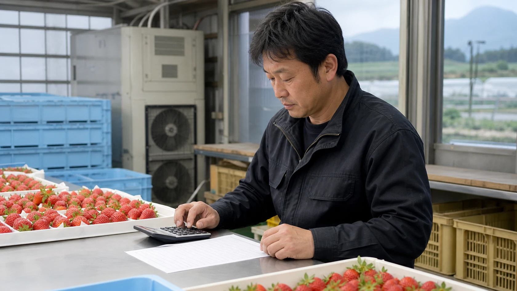 イチゴの収穫記録と受入精算書を確認する架空農家（AI生成の説明用イメージ）