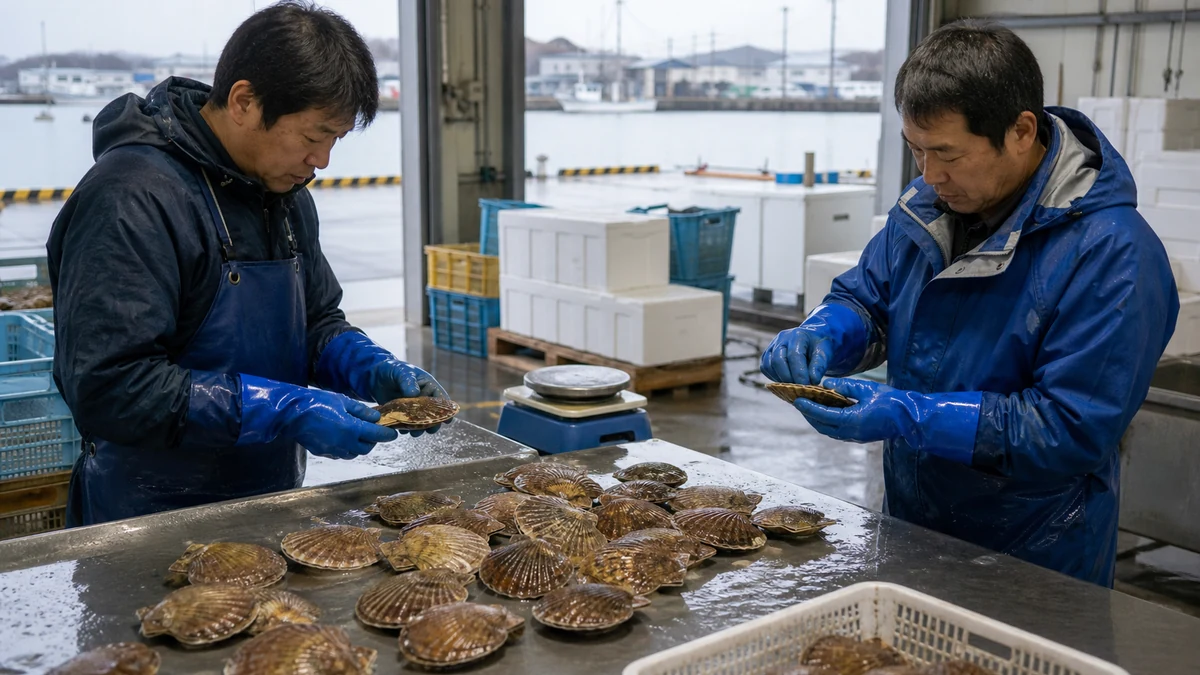 森町のホタテ水揚げ場で殻長・活力・外観・付着物・水切りを確認し、出荷ロットと搬送日を調整する担当者
