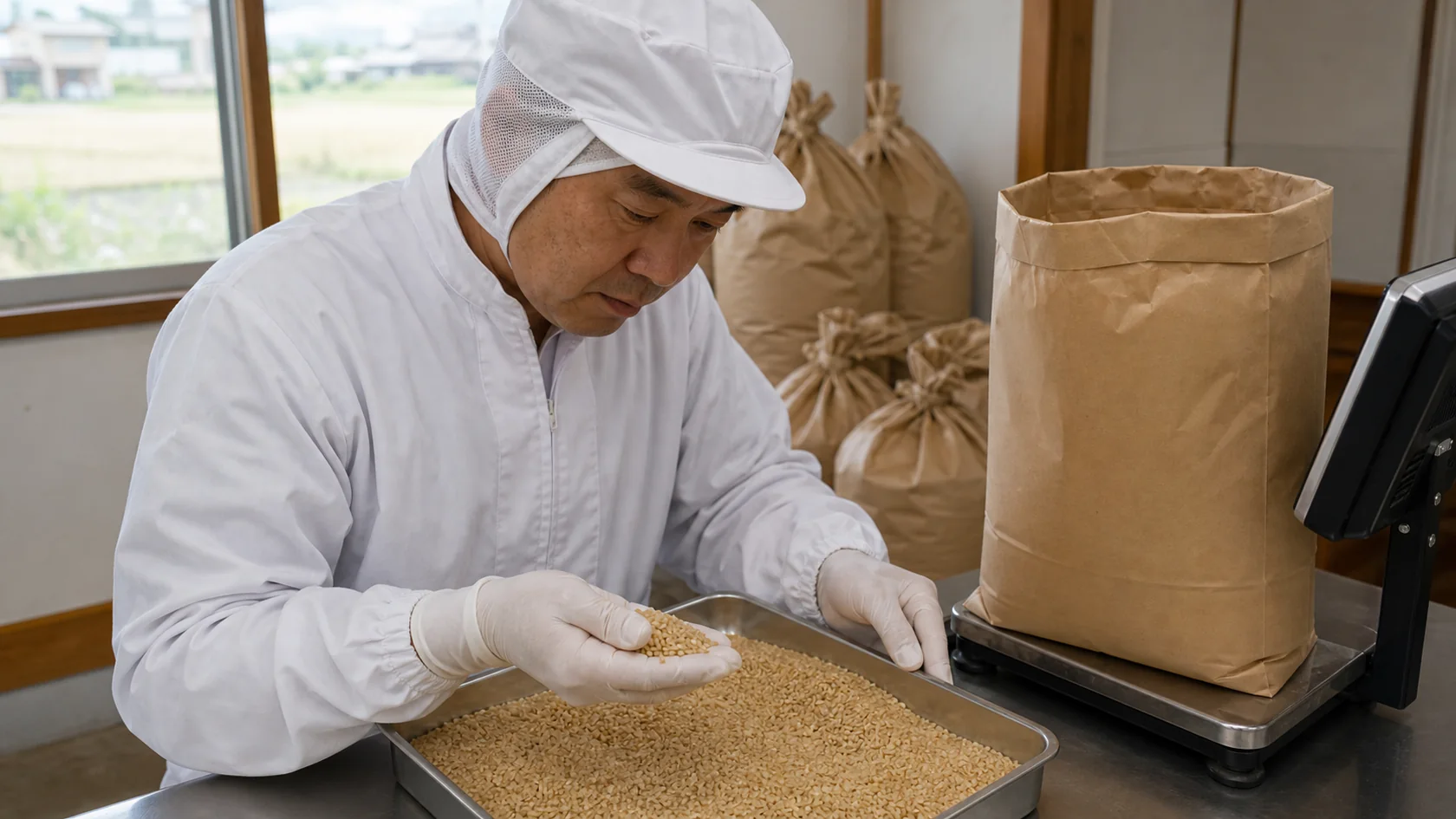 本山町を題材とした米農家の作業室で玄米のサンプルと無地米袋の計量状態を確認する担当者（AI生成の説明用イメージ）