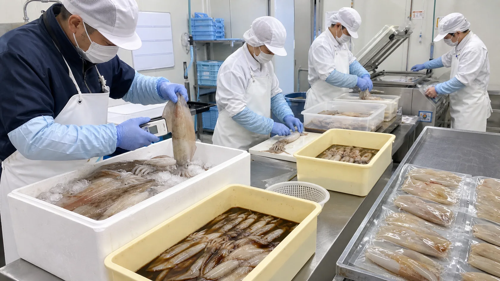 牟岐町の水産加工室でアオリイカの受入温度・下処理歩留まり・浸漬時間・真空包装ロットを照合する担当者