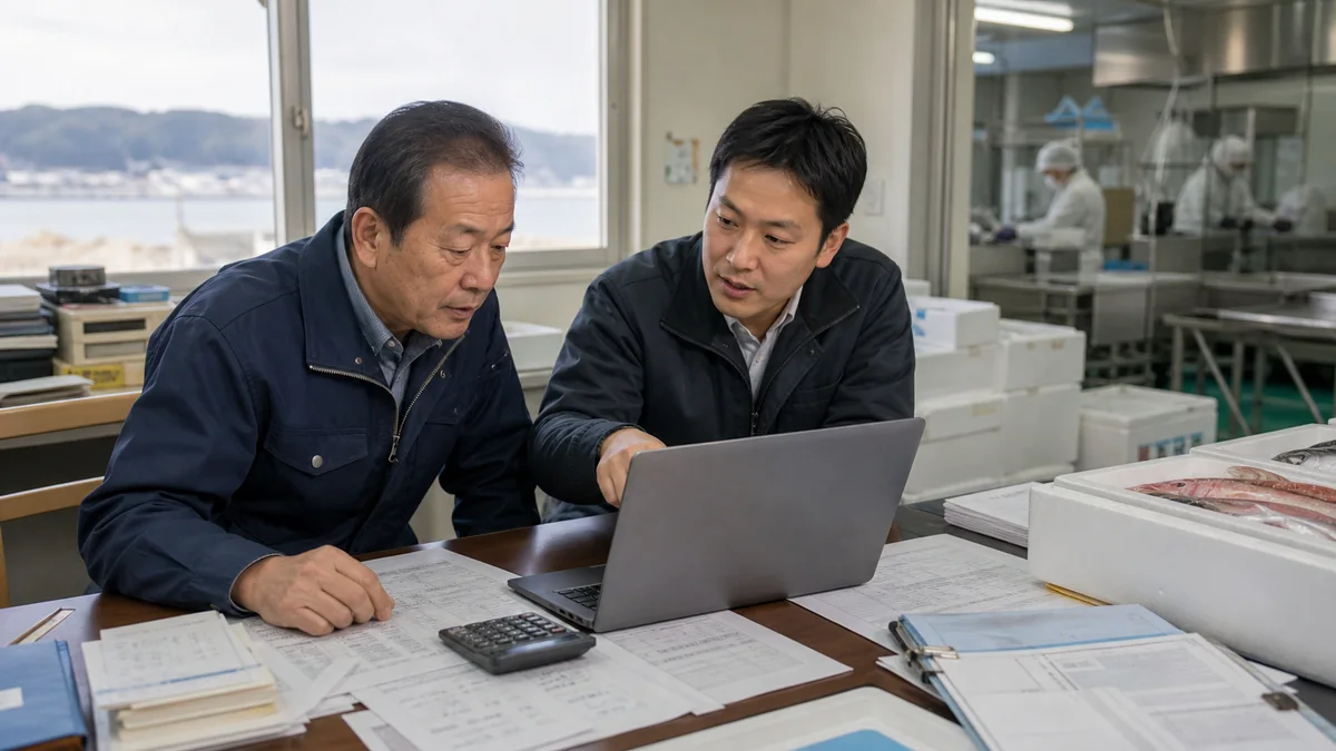 村上市の食品加工事業者が冷蔵費と出荷予定を資金繰り表で確認する様子