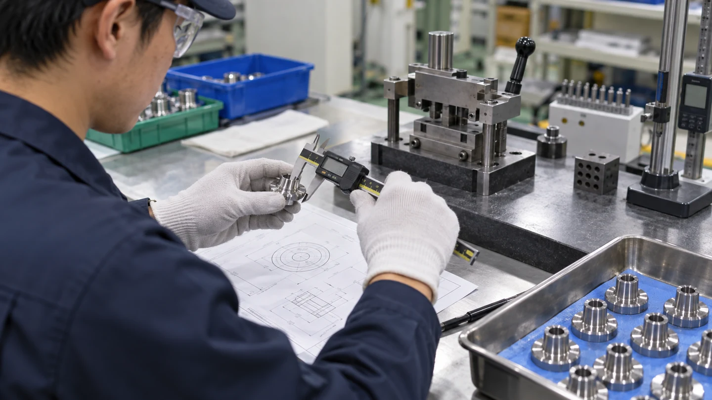 架空の製造担当者が加工図面と測定記録を確認する場面（AI生成イメージ）