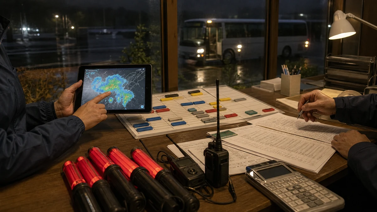 阿智村で雲量、降雨、道路状況で内容変更や中止が生じ、返金と送迎・人員の固定支出が同時に残ることを確認する担当者