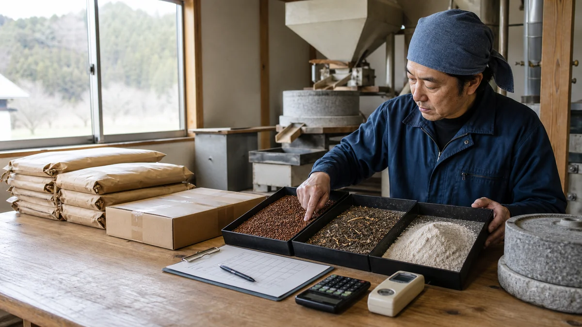 青木村で収穫時の水分、異物、粒の未熟、脱皮損失、製粉粒度で、そば粉の歩留まりと出荷可能日が変わることを確認する担当者