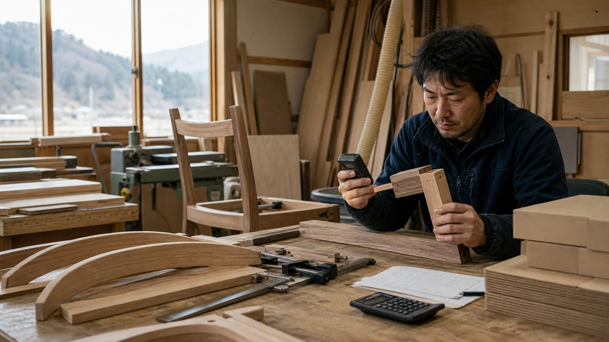 朝日村で乾燥不足、反り、節割れ、接合ずれ、塗装むらで、使用できる部材数と完成・納品日が変わることを確認する担当者