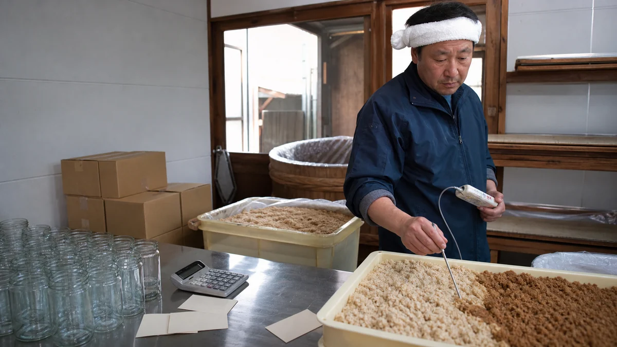 筑北村の味噌加工場で製こうじの品温差と熟成の遅れを確認し、先に購入した容器と出荷予定を見直す担当者