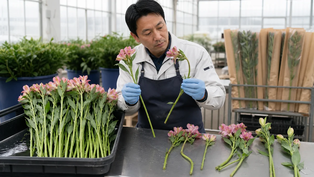 飯島町で採花段階、茎の曲がり、花傷、水揚げ不良、輸送温度で、上位等級の本数と市場便が変わることを確認する担当者