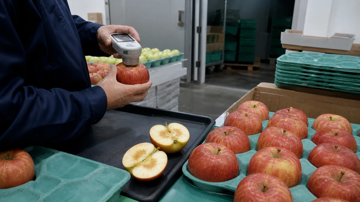松川町で品種別の熟度、糖度、内部障害と貯蔵中の減耗で、贈答等級の箱数と販売可能日が変わることを確認する担当者