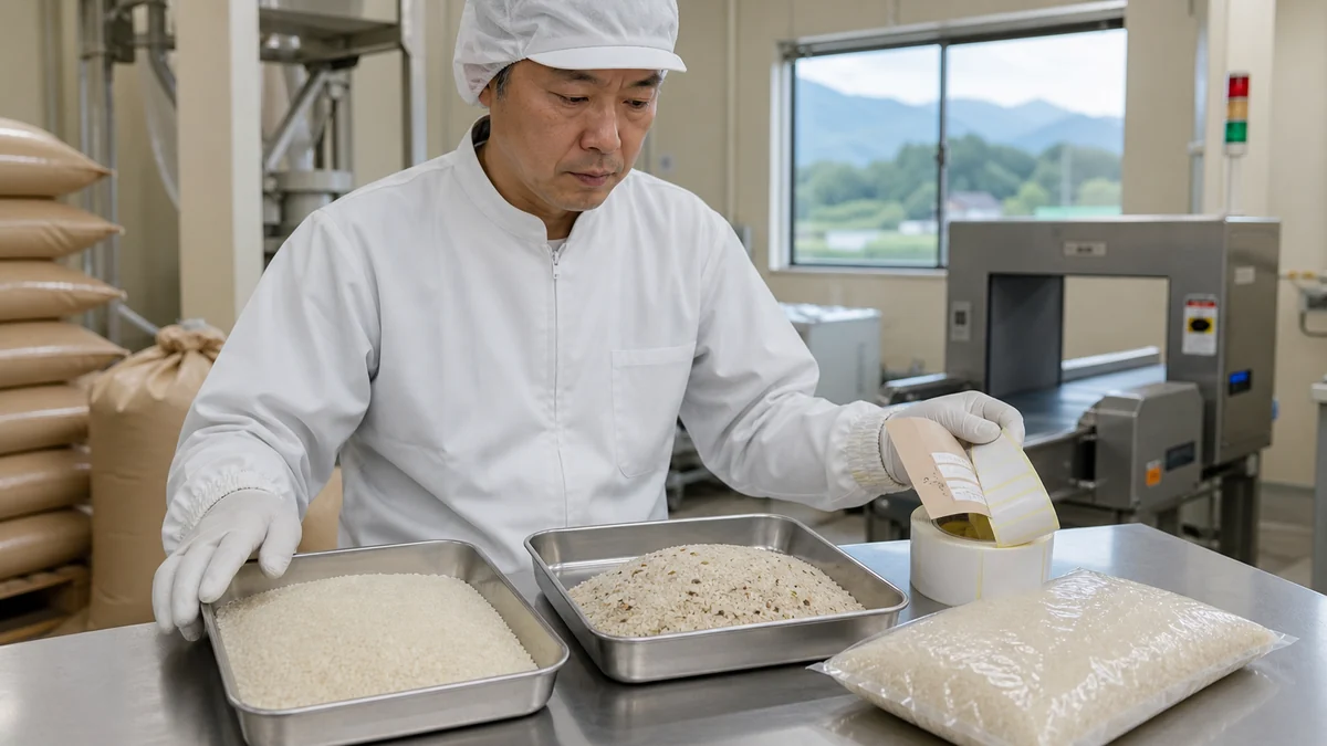 松川村で玄米水分、精米歩合、着色粒、認証区分と表示の不一致で、販売可能な袋数と納品日が変わることを確認する担当者