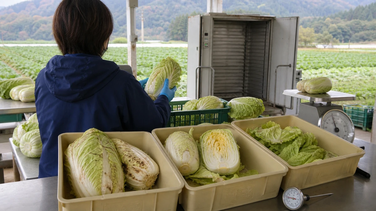 南相木村の白菜選果場で病斑・裂球・重量不足を分け、予冷庫の順番と出荷箱数を見直す担当者