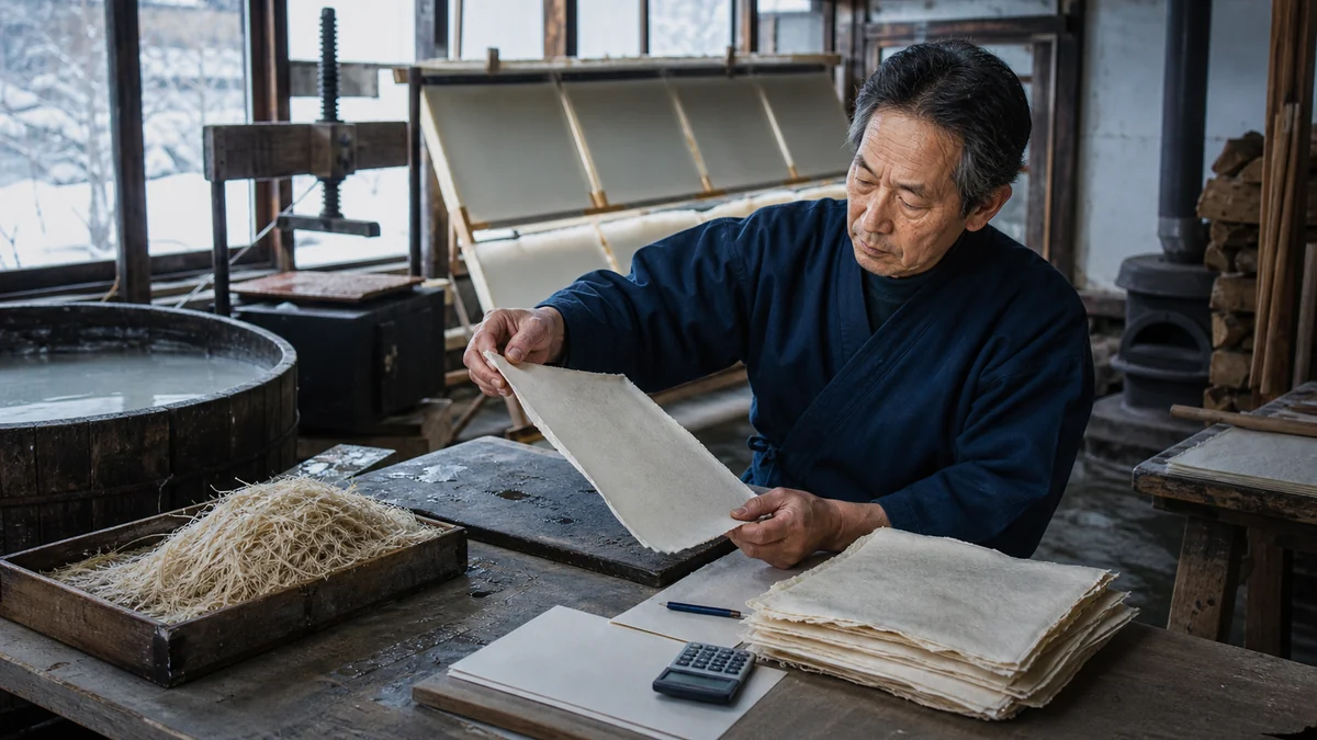 長和町で楮の繊維状態、紙料濃度、漉きむら、圧搾、乾燥時のしわで、検品合格枚数と納期が変わることを確認する担当者