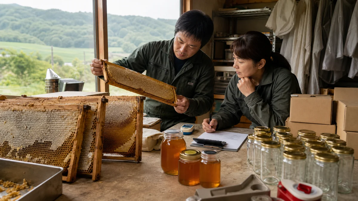 中川村で群の状態、天候、貯蜜量、採蜜歩留まり、水分と異物確認で、瓶詰め可能量と販売開始日が変わることを確認する担当者