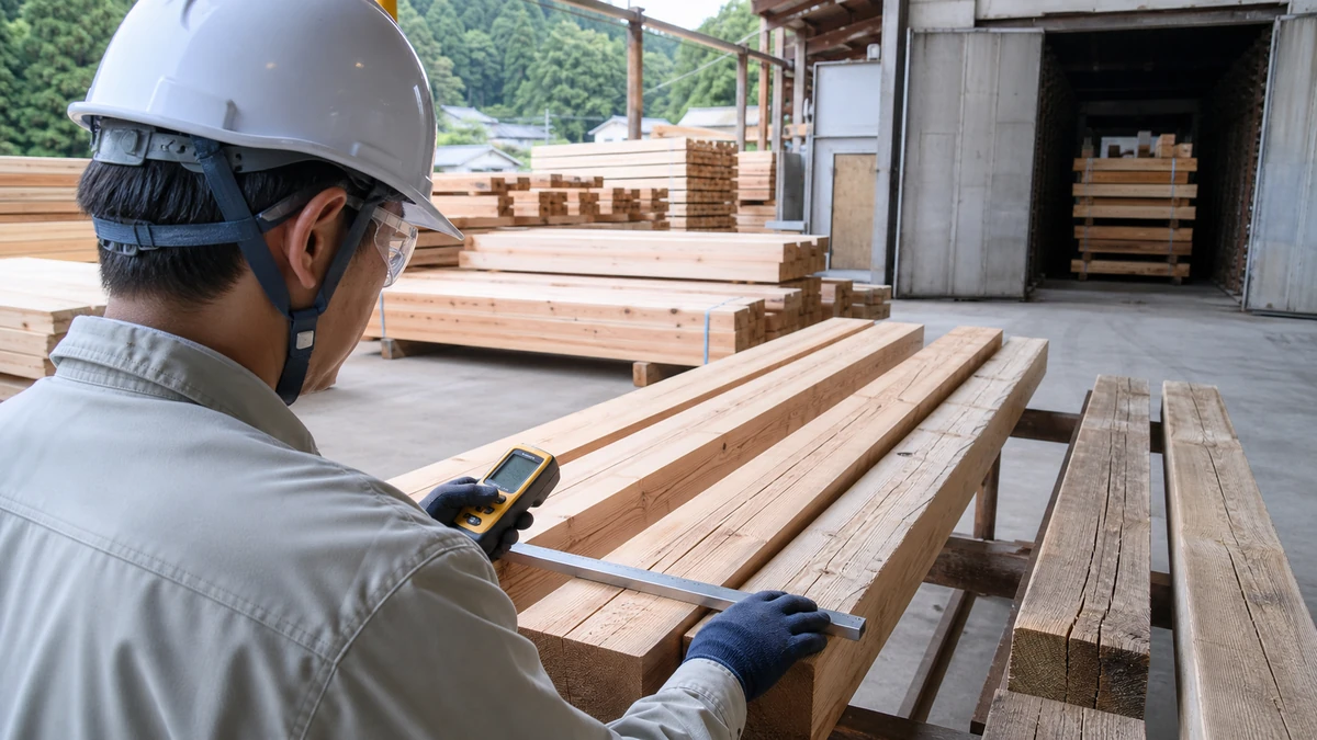 根羽村の製材所で乾燥後の割れ・反り・含水率超過材を分け、再乾燥と出荷材積を見直す担当者