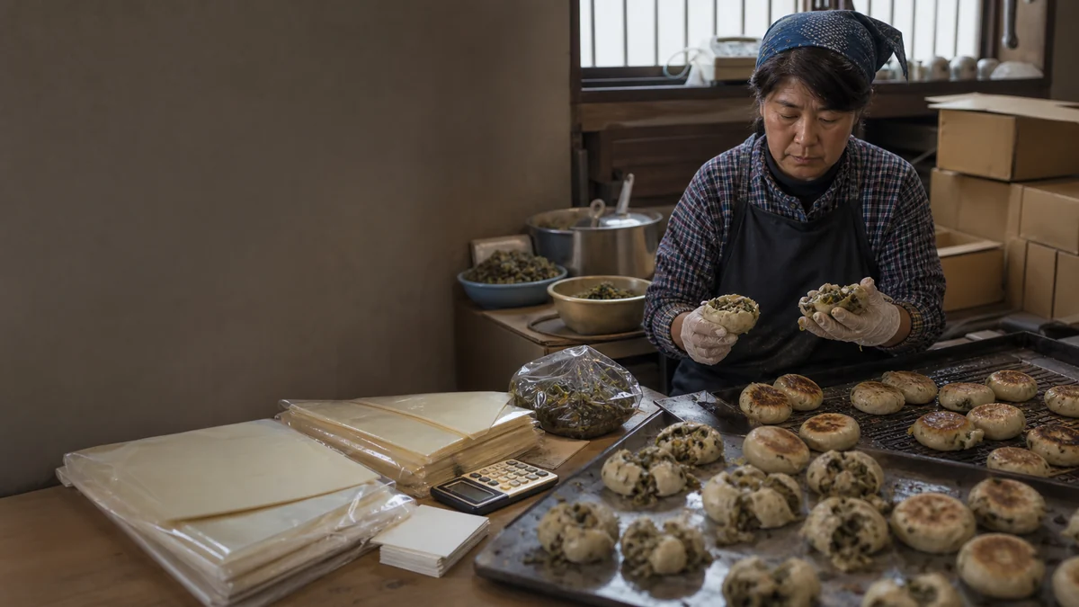 小川村のおやき工房で皮割れ・具漏れ・焼きむらの縄文おやきを分け、火力と包装予定を見直す担当者