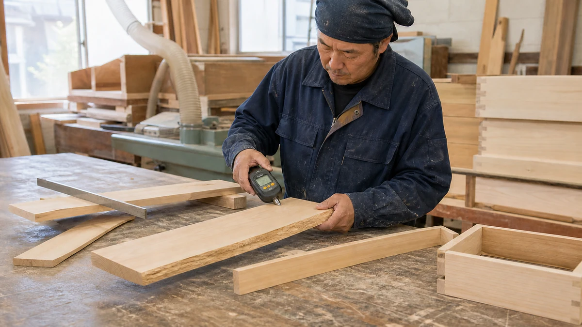 大桑村の木工場で反り・逆目・接合ずれの木曽ひのき製品を分け、含水率と納期を確認する職人