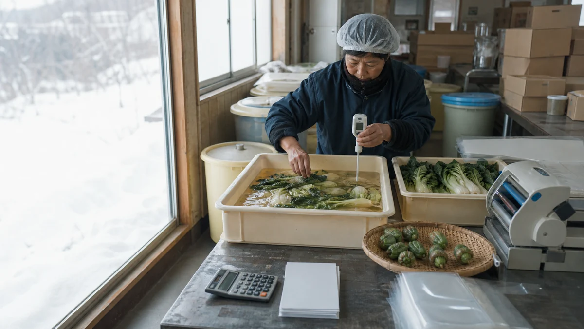 栄村の漬物加工場で野沢菜の軟化・色差と塩分を確認し、発酵日数と袋詰め予定を見直す担当者