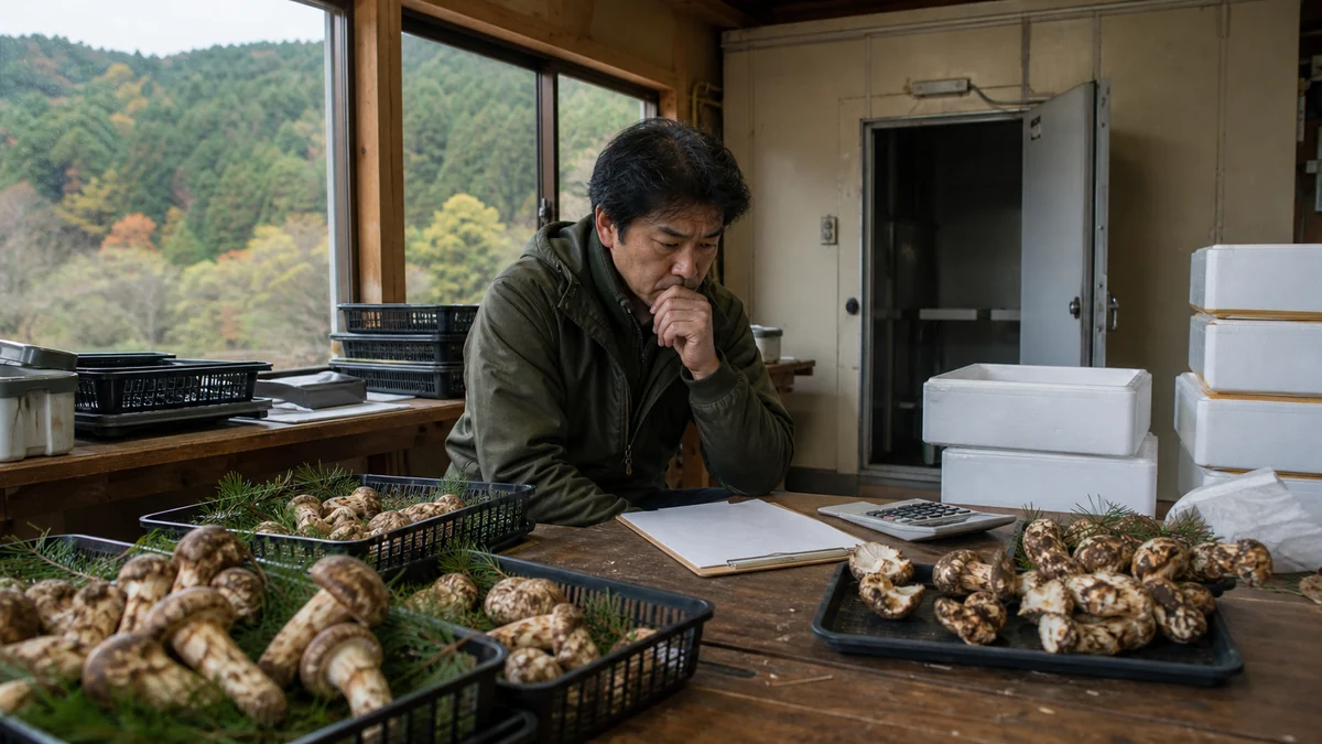 豊丘村で降雨と地温による発生量、傘の開き、虫害、採取後の乾燥で、贈答等級の重量と発送期限が変わることを確認する担当者
