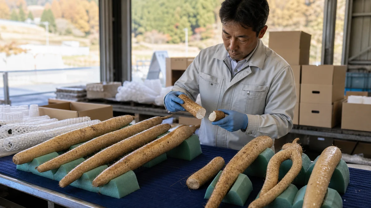 山形村で掘り取り時の折損、洗浄傷、乾燥不足、形・長さのばらつきで、秀品箱数と保管可能期間が変わることを確認する担当者