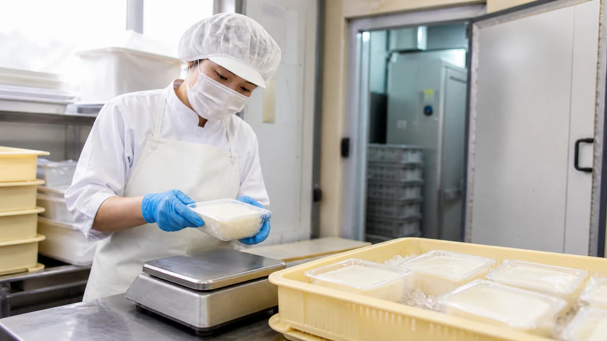 長沼町の豆腐製造を想定し、担当者が包装後の重量と封緘を確認して冷蔵便を調整する生成イメージ