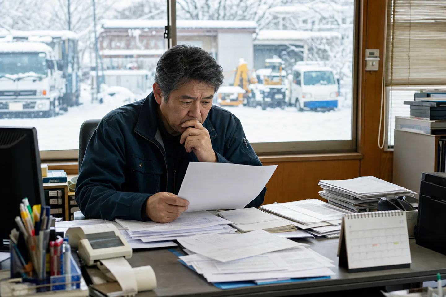 長岡市の事業者が降雪期の固定費と入金予定を確認する様子