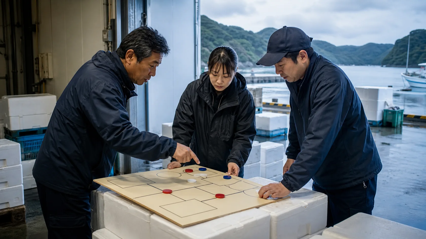 対馬市の冷蔵出荷現場で燃料・船便・保管費を確認する事業者