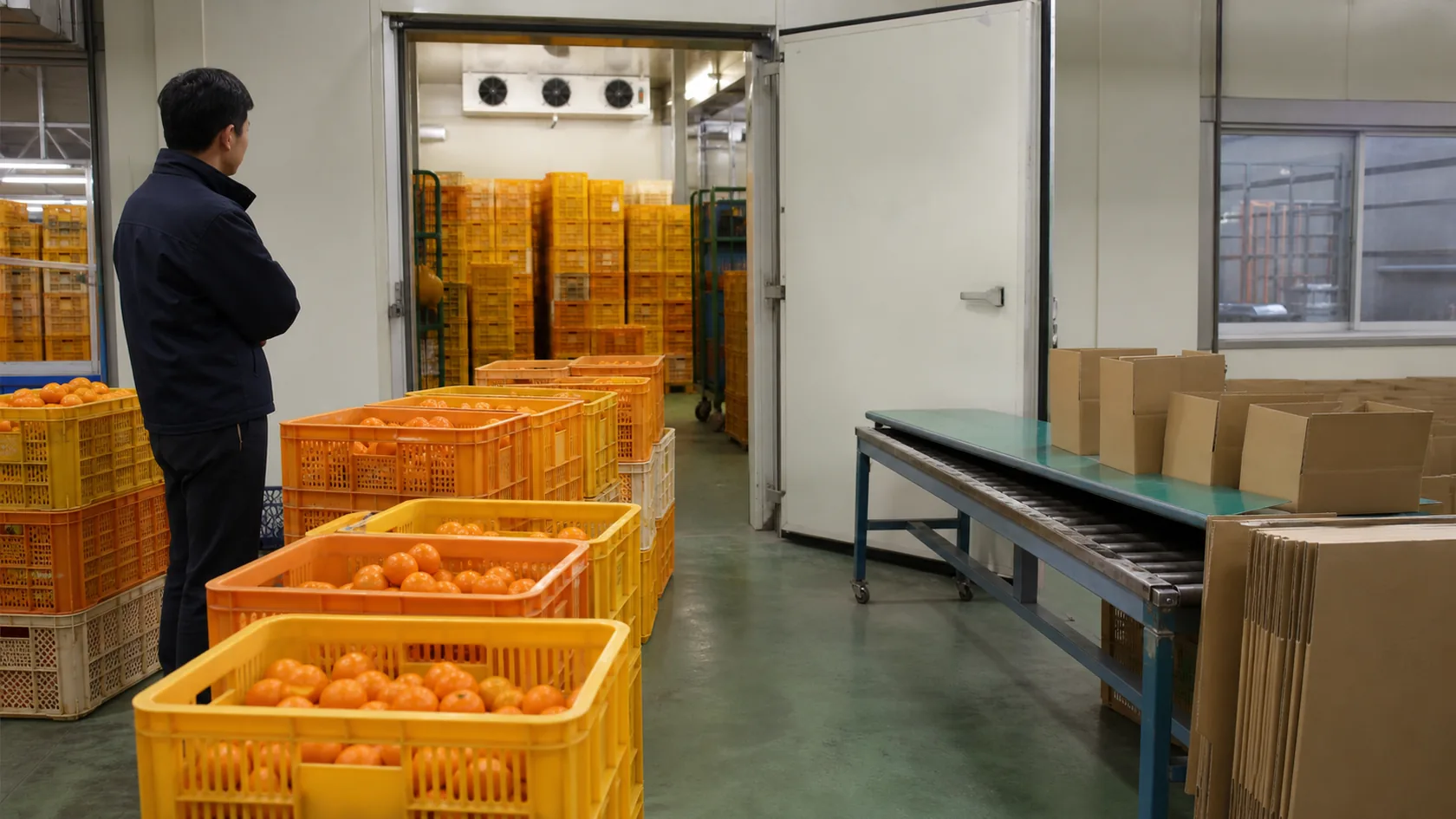長与町のみかん集出荷施設で、予冷庫の保管量と箱詰め前の果実を確認する担当者