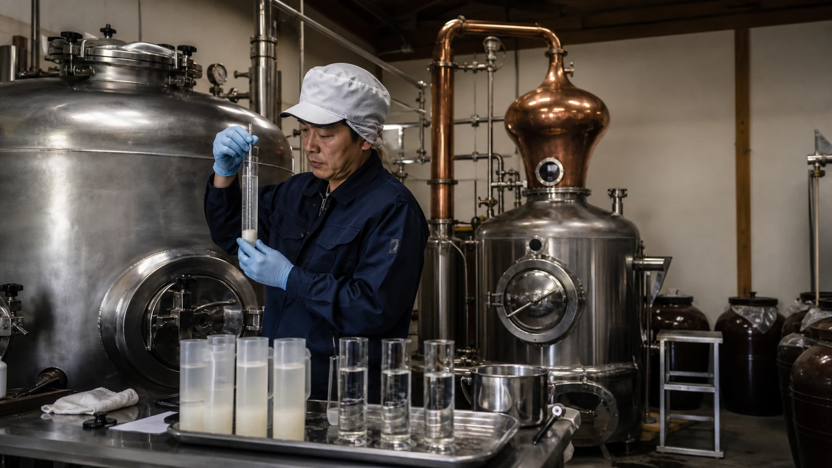 奈義町の酒類製造場で里芋仕込み槽・発酵経過・蒸留量・度数・貯蔵・瓶詰めロットを照合する担当者